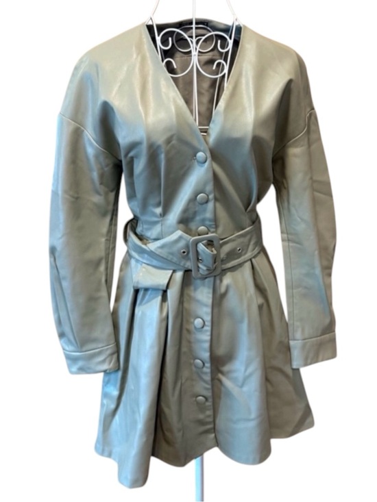 Zara Dresses & Skirts - Zara Sage Green Faux Leather Mini Dress Puff Sleeve Belted V-Neck Snap S